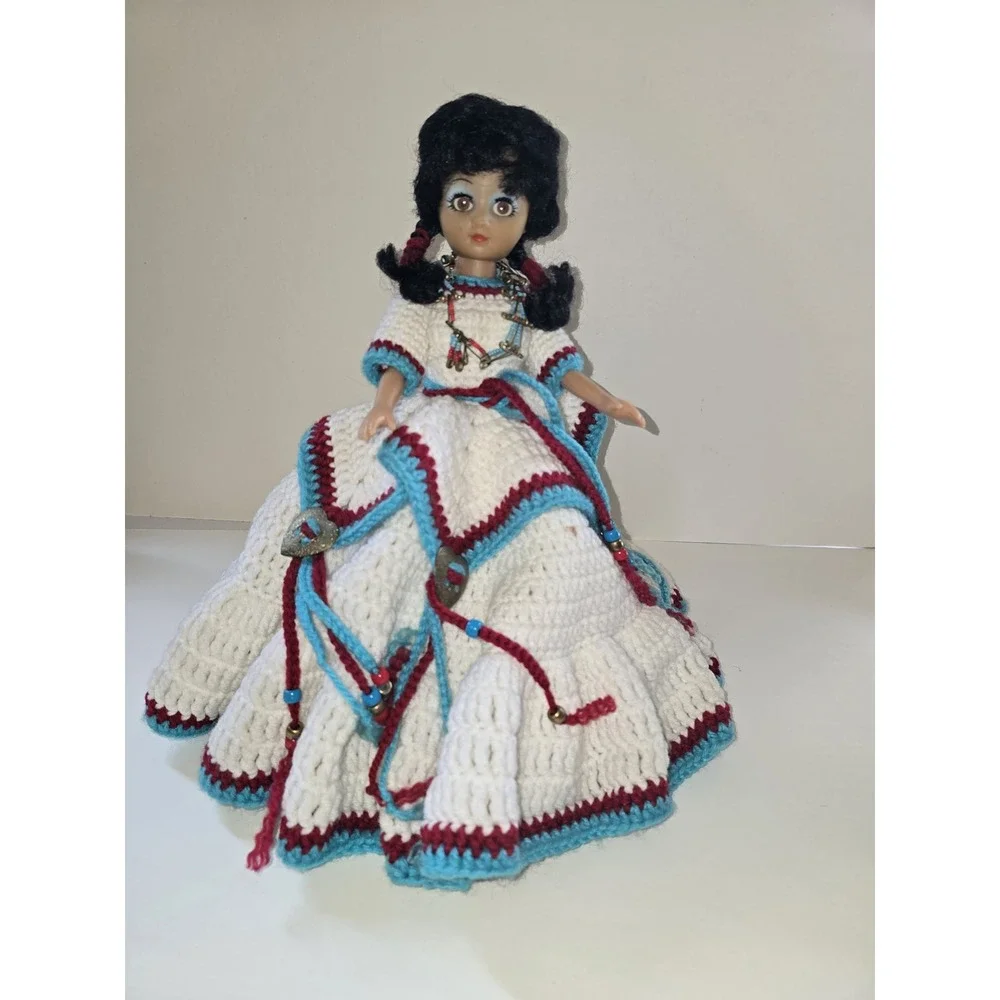 Vintage 12 Inch Fashion Doll Hand Crochet White Turquoise Burgundy Dress Beaded
